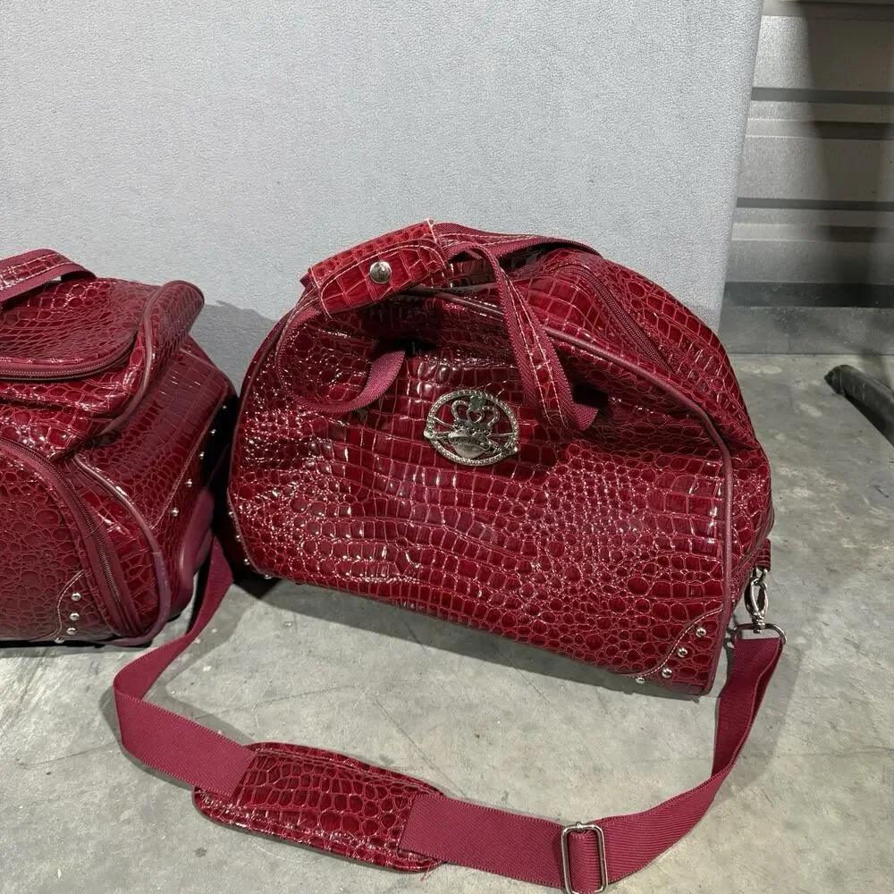 Kathy Van Zeeland Red Croco PVC 2 Piece Luggage Carry On Suitcase & Duffel Bag